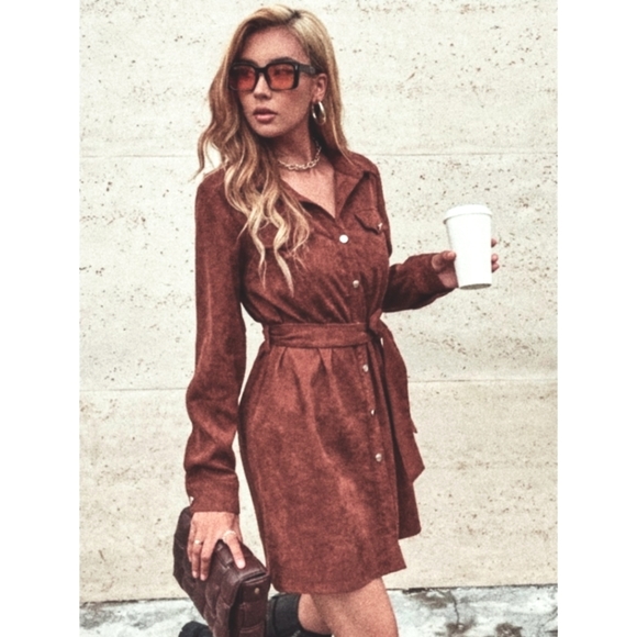 *NEW Corduroy Shirt Dress Shacket Belted Button Up Spice Brown - Picture 8 of 10